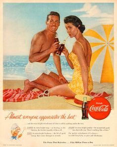 an old advertisement for coca cola with two people on the beach and one holding a drink