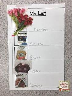 a sign with flowers and pictures on it that says, my list for the day