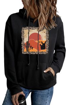 Black Western Leopard Desert Print Long Sleeve Sweatshirt Black Relaxed Fit Top For Leisure, Casual Hooded Top With Graphic Print, Black T-shirt With Pockets For Spring, Leisure Black Tops With Letter Print, Black Letter Print Tops For Leisure, Black Tops With Letter Print For Leisure, Black Casual Tops For Leisure, Casual Black Tops For Leisure, Trendy Black Top For Leisure