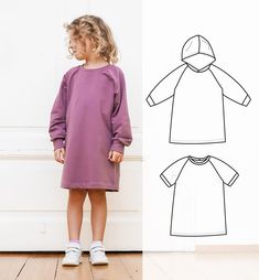 The Hoodie Dress is a sewing pattern for a child's raglan dress in the size range: 3 months (62) to 10 years (146).  The pattern is for knit fabrics.  The hood is optional, you can finish the dress with a neckband for a classic t-shirt dress style. This raglan dress fits above the knees.  We have included a short sleeve, so you would be able to use the pattern all year round.  Recommended fabric This dress can be sewn using thicker sweatshirt material, French Terry, but also lightweight knit fab Girls Sweatshirt Dress, Fabric Clothes, Girls Sweatshirt, Tricot Fabric, Sewing Patterns For Kids, Shirt Dress Style, Dress Sewing, Dress Sewing Pattern, Girl Sweatshirts