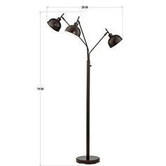 the floor lamp has three lights on it and is tall with two lamps at the base