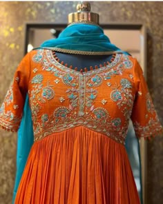 Outfit From Old Saree, Anarkali Churidar Designs, Anu Designs And Fashions, Long Frock Models, Gamthi Work, Design For Dress, Indian Embroidery Designs, Kurti Neck Design, Frock Models