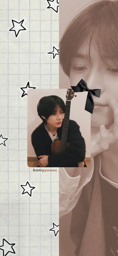 an image of a person holding a guitar in front of him with stars on the background