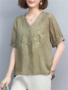 Description Product ID: TP2032655 Material: Linen, Polyester Pattern: Embroidered Sleeve: Short Sleeve Neckline: V-Neck Closure Type: Pullover Season: Summer Style: Casual, Fashion, Simple Occasion: Daily, Outdoor Activities, Vacation, Street, Home Package included: 1* Shirt Size Chart (Asian Size): Please allow 1-3 cm measured error. Tag Size Length Chest Shoulder Sleeve Length cm | inch cm | inch cm | inch cm | inch M 63cm | 24.8'' 104cm | 40.9'' 40cm | 15.7'' 24cm | 9.4'' L 64cm | 25.2'' 108cm | 42.4'' 41cm | 16.1'' 25cm | 9.8'' XL 65cm | 25.5'' 112cm | 44.0'' 42cm | 16.5'' 26cm | 10.2'' XXL 66cm | 25.9'' 116cm | 45.6'' 43cm | 16.9'' 27cm | 10.6'' 3XL 67cm | 26.3'' 120cm | 47.2'' 44cm | 17.3'' 28cm | 11.0'' Green Embroidered V-neck Blouse, Relaxed Fit V-neck Top With Floral Embroidery, Relaxed Fit V-neck Embroidered Top With Floral Embroidery, Floral Embroidered V-neck Top With Relaxed Fit, Green Embroidered V-neck Top, Casual V-neck Top With Floral Embroidery, Casual Embroidered V-neck Top, Green V-neck Embroidered Blouse, Green Casual Embroidered Top