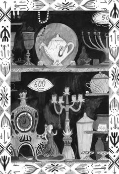 a black and white drawing of vases, candles and other items on a shelf