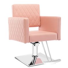 a pink chair sitting on top of a metal base