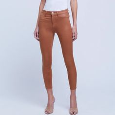 The Margot High-Rise Skinny Jean In A Coated Premium Stretch Denim Features A Luxurious Sheen And A Mocha Brown Hue. The Design Has A Contoured Waistband And Tapered Leg That Hug From Waist To Ankle To Define And Slim The Silhouette. Includes 5-Pocket Construction And A Front Zip Fly Closure. There Is A Small Dot On The Back Right Leg Around The Knee Area As Indicated In The Photos. This Piece Is New Without Tags. Revolve These Jeans! Buttery Brown Coat, Denim Coat, Black Skinnies, Tan Color, High Jeans, Stretch Jeans, Java, Straight Jeans, Jean Coat