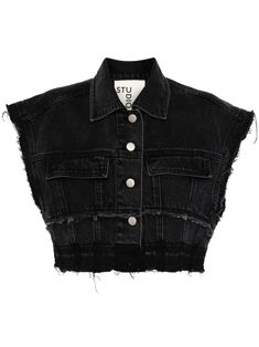 black cotton denim frayed detailing classic collar front button fastening sleeveless two front flap pockets cropped straight hem Tomboy Outfits, Denim Patches, Patch Work, Denim Vest, Denim Fashion, Black Denim, Chambray, Black Cotton, Pretty Outfits