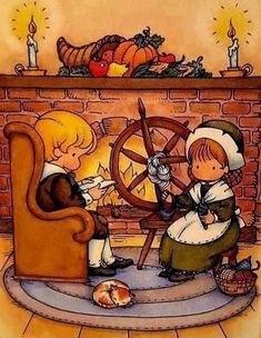 two children playing with a spinning wheel in front of a fire place filled with pumpkins