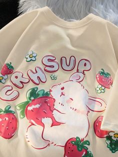 Cute Cartoon Rabbit Strawberry Fruit Print Crewneck Short Sleeve Casual T Shirts Apricot Casual  Short Sleeve Fabric Animal,Cartoon,Letter,Fruit&Vegetable  Medium Stretch  Women Clothing, size features are:Bust: ,Length: ,Sleeve Length: Rabbit Strawberry, Soft Girl Clothes, Egirl Clothes, Student Girl, Strawberry Print, Punk Outfits, Cute Rabbit, Fruit Print, Other Outfits