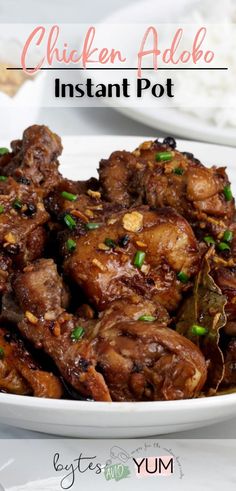 chicken adobo instant pot recipe in a white bowl with green garnish