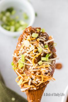 a scoop of chili cheese ice cream on top of a wooden spoon with green onions and shredded cheese