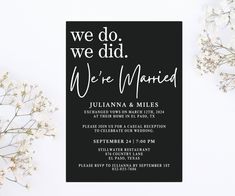 we do, we did, we're married party card with black and white lettering