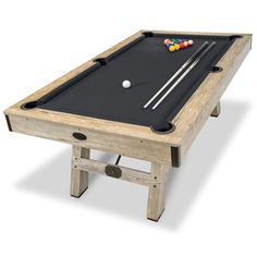 a pool table with two cues and balls on the top, ready to be played