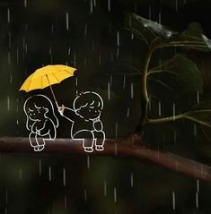 two people sitting on a tree branch under an umbrella in the rain, with trees and leaves behind them