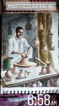 a drawing of a man working in a pottery shop with the words watercolor painting on it