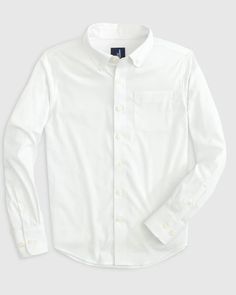 Johnnie-O Tradd Button Up Shirt in White - Estilo Boutique Button Up White Shirt, Button Ups, Laundry Day, White Button Up, Performance Fabric, Classic White, Button Up Shirt, White Tops, Upf 50