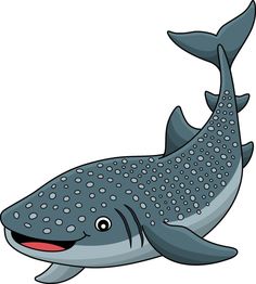 a cartoon whale with big teeth and spots on it's body, swimming in the water