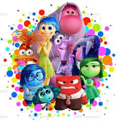 the characters from inside out in front of colorful bubbles and dots on a white background