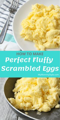 scrambled eggs on a plate with fork and knife in the background text overlay reads how to make perfect fluffy scrambled eggs