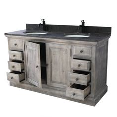 a double sink vanity with two mirrors and drawers on it's sides, against a white background