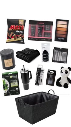 the contents of a travel bag are shown in this image, including coffee mugs and other items