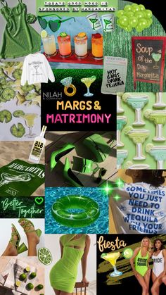 collage of photos with limes, margarita glasses and t - shirts for mardi gras & matrimony