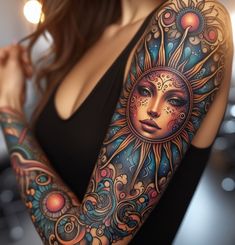 a woman with tattoos on her arms and arm is holding up the sun in front of her face