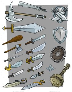 a collection of different types of swords and shields - miscellaneous objects / arts print templates