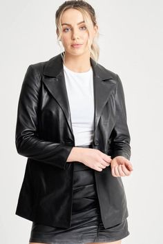 This classic black leather blazer is a wardrobe assassin. It is effortless to style with both casual and formal attire and can be quickly thrown over your shoulders for a chic addition to any outfit. Made from real sheep leather, this soft blazer is surprisingly lightweight. With a simple button fastening, this item looks great when worn open or closed. Black Leather Blazer, Leather Coat Womens, Sales Promotion, Puff Sleeve Dresses, Formal Attire, Leather Blazer, Navy Dress, Fashion Face, Real Women