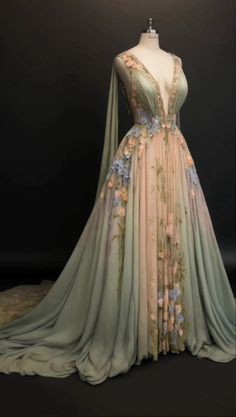 Feyre Spring Court Dress, Acotar Spring Court Dresses, Spring Court Aesthetic Outfits, Spring Court Acotar Dress, Acotar Ball Gowns, Day Court Acotar Dress, Spring Fantasy Clothing, Dress That Looks Like Water