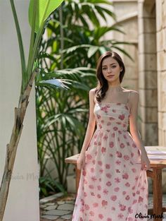 Olivia Mark - Elegant Sakura Pink Gradient Floral High-Waisted Sundress for Travel and Vacation Elegant Bodycon Dress, Floral Chiffon Maxi Dress, Blossom Print, Red Ombre, High Waist Dress, Floral Sundress, Suspender Dress, Chiffon Maxi Dress, Vacation Dresses