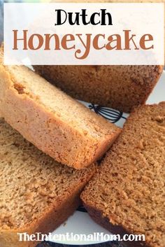 some bread is stacked on top of each other with the words dutch honey cake above it