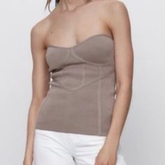 New Without Tags! Trendy Fitted Taupe Tops, Trendy Fitted Tube Top For Fall, Fitted Bandeau Top For Fall, Strapless Fitted Tube Top For Fall, Fitted Knit Cami Top For Spring, Spring Knit Stretch Tube Top, Fitted Cami Knit Top For Spring, Fitted Knit Tops With Built-in Bra, Fall Fitted Bandeau Tube Top