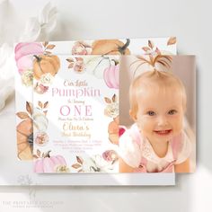 Our Little Pumpkin is Turning One Photo Invitation Editable Pink Pumpkin First Birthday Invitation First Birthday Party Corjl Template PM1 - Etsy Pumpkin Birthday Parties, Invitation First Birthday, Pink Pumpkin, Pink Pumpkins, Photo Invitations, One Photo