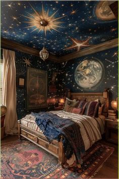 a bed room with a neatly made bed and stars on the ceiling