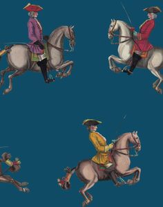 four images of men riding horses in different outfits and hats, with one man on the horse