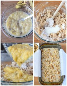 four pictures showing the steps to make baked oatmeal in a glass bowl