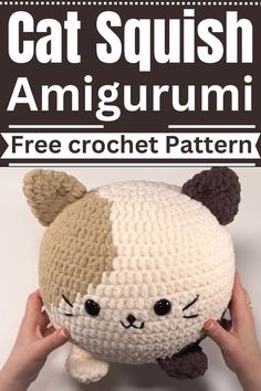 a crocheted cat stuffed animal with text overlay that reads, cat squish amigurmi free crochet pattern