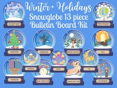 the snow globe bulletin board kit includes twelve winter holidays, including christmas trees and other holiday decorations