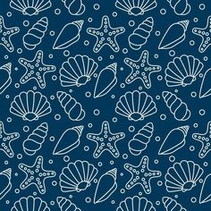 a blue background with white sea shells and starfish