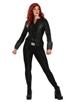 a woman in black catwoman costume with red hair and long, curly - haired hair