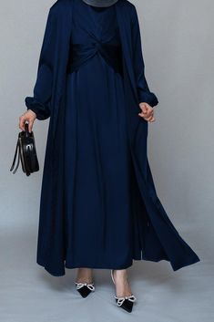 Vidonia 2 piece luxury 2 piece abaya with wrap bodice in navy - ANNAH HARIRI Wedding Dresses For Eid, Eid Wedding Solid Color Abaya, Eid Evening Solid Color Abaya, Elegant Solid Color Dresses For Eid, Evening Solid Color Maxi Length Abaya, Evening Solid Maxi Length Abaya, Elegant Blue Maxi Dress For Eid, Evening Maxi Length Solid Abaya, Evening Maxi Sets For Eid