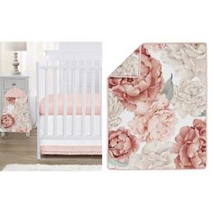 a baby crib bedding set with pink and white flowers on it, next to the crib