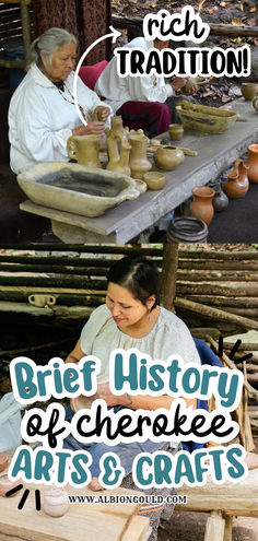 two women sitting at a table with pottery on it and the words brief history of cherokee arts & crafts above them