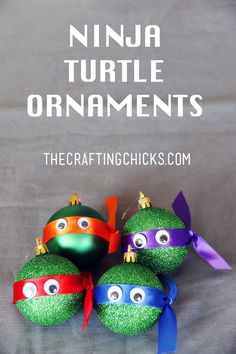 the teenage mutant turtle ornaments are on display in front of a gray background with text that reads