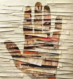 a collage of different types of paper with the shape of a hand on it