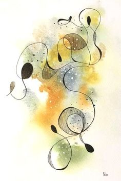 an abstract painting with black and yellow circles on white paper, in the middle of watercolor