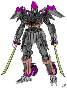 a drawing of a robot that is standing with two swords in his hand and one arm extended