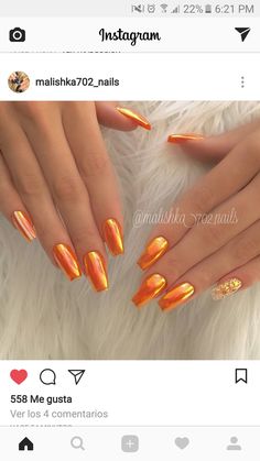 Red Nails Sumika Dazzling Gel Nails, Orange Mirror Nails, Orange Irridescent Nails, Iridescent Orange Nails, Orange With Chrome Nails, Orange Chrome Nails Summer, Metallic Orange Nails, Light Orange Chrome Nails, Neon Orange Chrome Nails